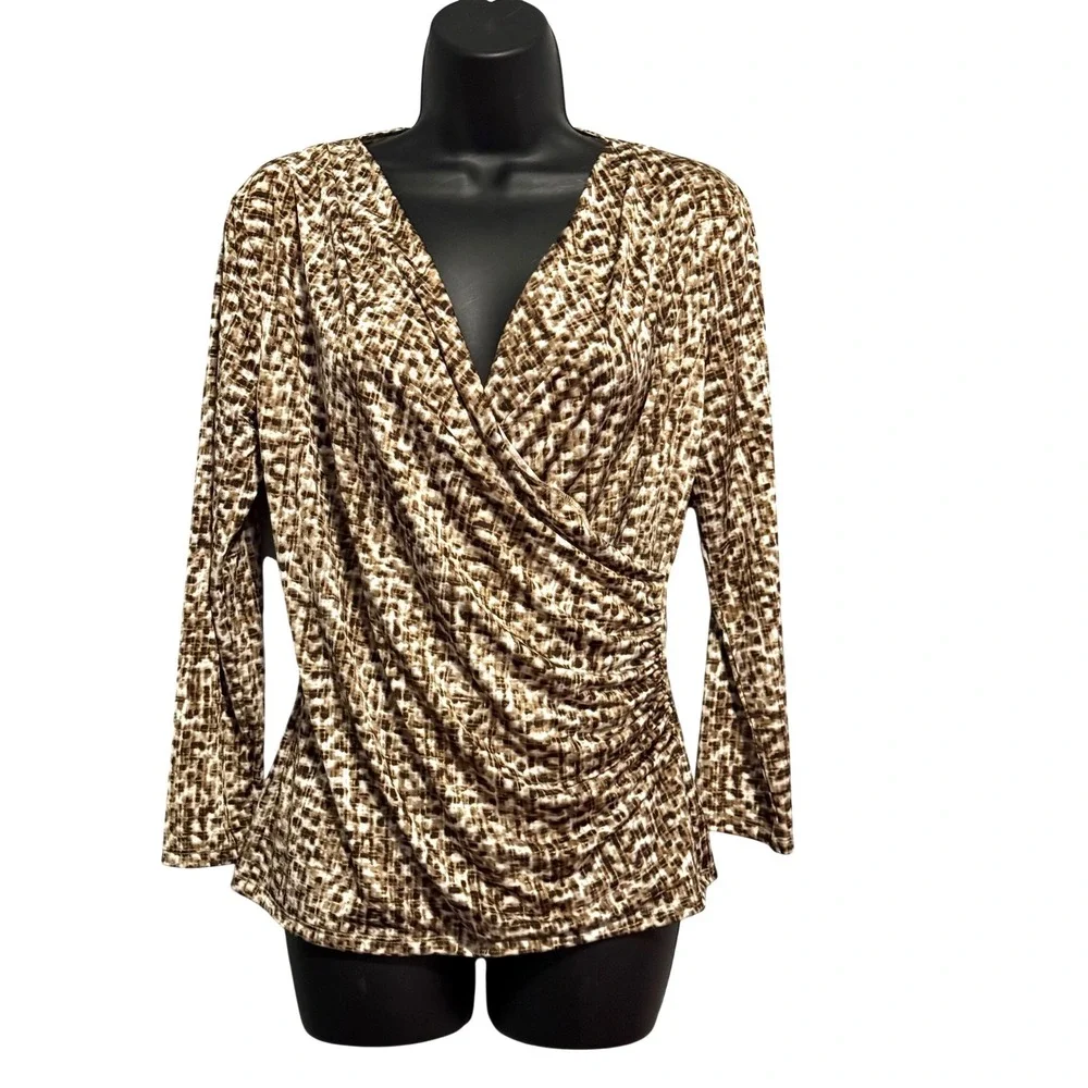 Jones New York Collection Brown Abstract Surplice V-Neck Ruched Top Small